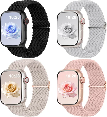 Miniatura 14 de DaQin Paquete de 4 correas elásticas trenzadas Solo Loop para Apple Watch para mujeres y hombres, de 1.575 pulgadas, 1.614 pulgadas, 1.654 pulgadas