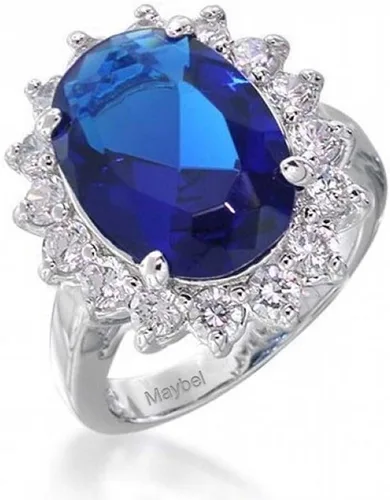 Miniatura 6 de Anillo de compromiso de plata de ley 925 personalizable con halo de corona ovalada de 5 a 7 quilates con circonita cúbica simulada de zafiro azul