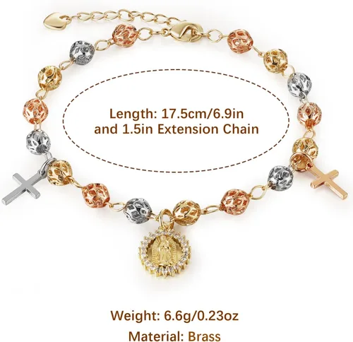 Miniatura 2 de HZMAN Pulsera de cruz con cuentas de rosario virgen de Guadalupe ajustable para mujer, regalo de joyería