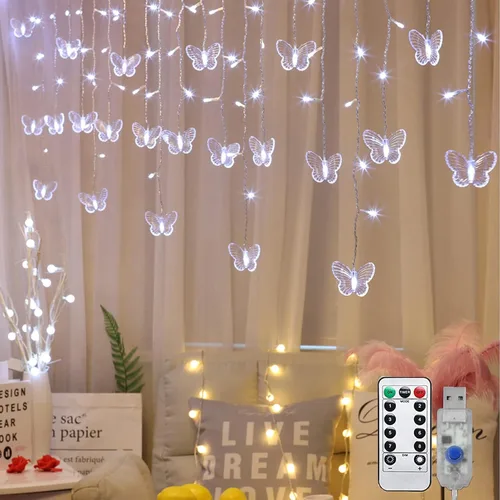 Miniatura 7 de Luces de cortina de mariposas, 13 pies, 96 luces LED USB, luces de hadas para ventana, 16 mariposas, 8 modos, luces de luciérnaga, centelleo, Blanco