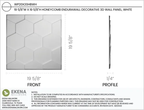 Miniatura 2 de Ekena Millwork WP20X20HBWH 19 5/8 pulgadas de ancho x 19 5/8 pulgadas de alto Panal EnduraWall Decorativo 3D Panel de Pared Cubre 2.67 pies cuadrados