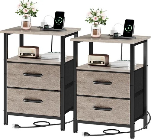 Miniatura 18 de Vagusicc Nightstand with Charging Station, End Table Bedside Table with 2 Fabric Drawers, Black Night Stand with USB Ports & Outlets, 24.2" Tall Bed
