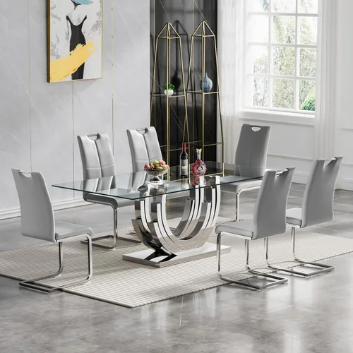 Miniatura 20 de Juego de mesa de comedor de cristal dorado moderno de 70 pulgadas para 4, juego de mesa rectangular de 5 piezas con base de acero en forma de anillo