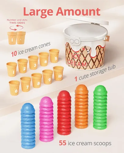 Miniatura 3 de JoyCat Juego de actividades de aprendizaje preescolar para helados, conteo y clasificación de colores, juguetes apilables para niños de 3 a 5 años