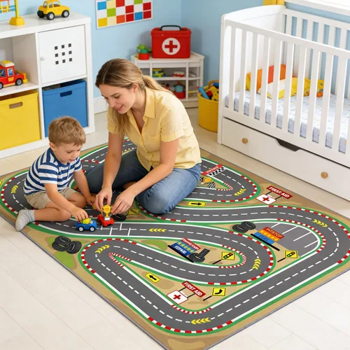 Miniatura 4 de Alfombra de juego para niños de 31 x 47 pulgadas, suave y antideslizante, alfombra de coche de mapa, alfombra para niños, autos de juguete, pista