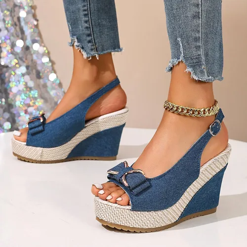 Miniatura 4 de Sandalias de cuña de mezclilla para mujer 2026 con puntera abierta, alpargatas con lazo, zapatos casuales de playa de verano para viajes, fiestas