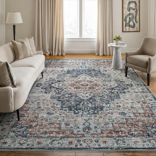 Miniatura 27 de Bloom Rugs Caria Alfombra Lavable Antideslizante de 7 pies - Azul/Carbón Alfombra Tradicional para Entrada, Pasillo, Baño y Cocina - Tamaño Exacto
