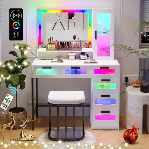 Miniatura 8 de HNEBC - Mesa de tocador RGB con espejo y luces, mesa de maquillaje con espejo LED y estación de carga USB/inalámbrica, juegos de mesa de tocador