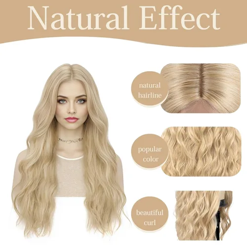 Miniatura 2 de Pelucas rubias 613 para mujer, con línea de cabello de encaje, largas, onduladas, de parte media, resistentes al calor, de pelo sintético de aspecto