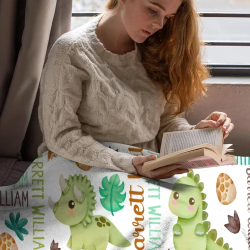Miniatura 5 de Manta de franela de vellón de dinosaurio con nombre para niñas y niños recién nacidos, regalos personalizados, manta de forro polar suave