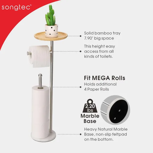 Miniatura 5 de Soporte para papel higiénico con bandeja grande de bambú de 7.9 pulgadas, base de mármol más pesada de 2.2 libras, soporte de papel de pie