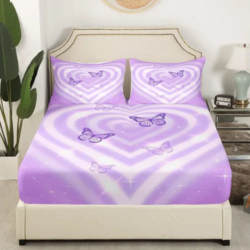 Miniatura 3 de Manfei Juego de sábanas para niños con corazones de lavanda, tamaño individual, juego de ropa de cama de mariposa morada para niños, niñas