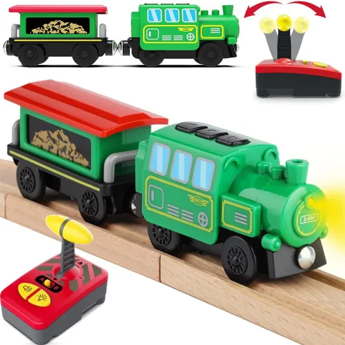 Accesorios de pista de tren de madera, tren de locomotora a batería, tren de control remoto para niños pequeños, potentes vehículos de tren de motor