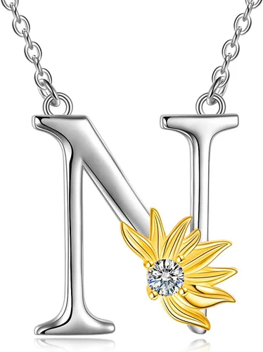 POPLYKE Collar de girasol con inicial, regalos de girasol para mujeres y niñas, letra del alfabeto, letra y nombre, Plata esterlina, cristal