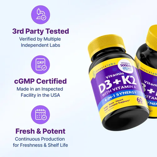Miniatura 4 de InnovixLabs Vitamina D3 K2-5000 IU Vitamina D3 Plus 600 mcg Vitamina K2 MK4 y MK7 para la máxima absorción de calcio, apoya la salud ósea, inmune