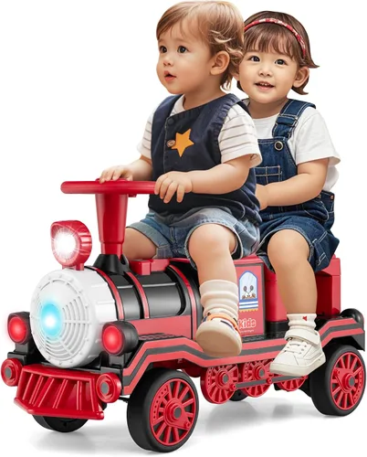 OLAKIDS Juguete eléctrico de 2 plazas para niños sin rieles, funciona con batería de 12 V, con silbato de tren, música, luces LED, 2 velocidades,