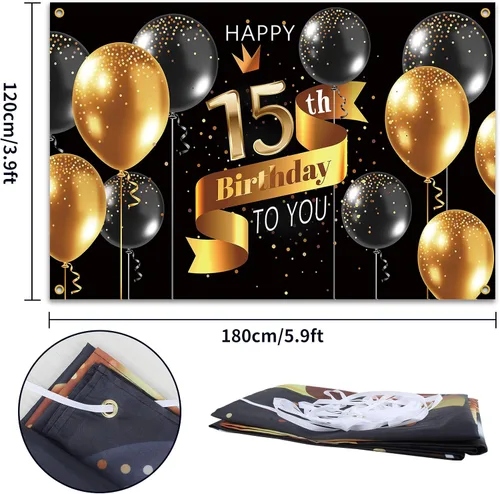 Miniatura 2 de Cartel de fondo de feliz cumpleaños 15 – Suministros de decoración de fiesta de cumpleaños 15 para niños – Oro negro 3.9 x 5.9 pies