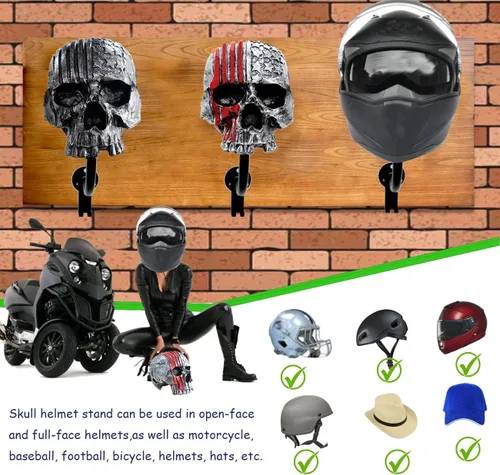 Miniatura 5 de Soporte para casco, soporte para casco de calavera, soporte de pared para casco con 2 ganchos, colgador de casco para abrigos, gorras, béisbol