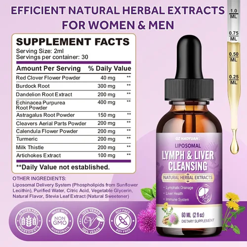 Miniatura 2 de Drenaje linfático - Gotas de desintoxicación y reparación de limpieza hepática, cardo lechero liposomal, equinácea, alcachofa, diente de león