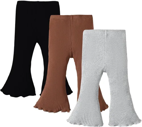 SOBOWO Pantalones acampanados para bebé, paquete de 3 unidades para niña pequeña, color liso, acanalado, con volantes, pantalones acampanados,