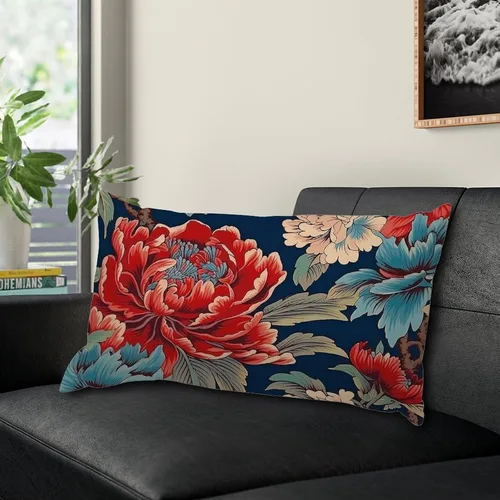 Miniatura 6 de Chinoiserie Throw Pillow Case Red Peony Floral Lumbar Pillowcases Asian Style Decorative Pillow Home Cotton Linen 12x18 Rustic Cushion Cover for