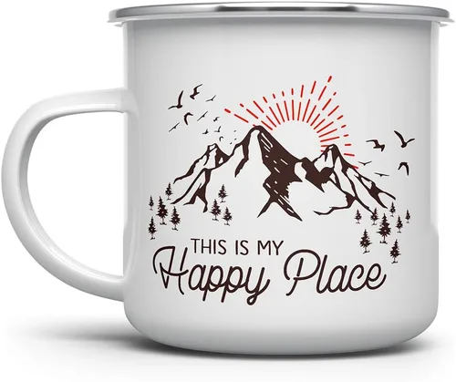 Loftipop This is My Happy Place - Taza de café esmaltada para acampar en la montaña, taza de café para acampar en la naturaleza, al aire libre,