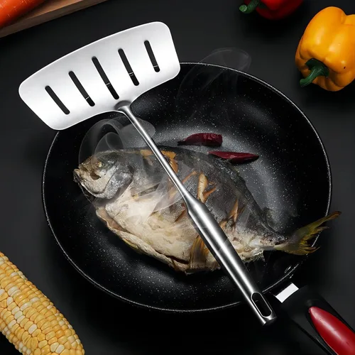 Miniatura 2 de GREATLINK Espátula de pescado de acero inoxidable 304, espátula ancha ranurada para carne con mango largo resistente al calor, girador de cocina