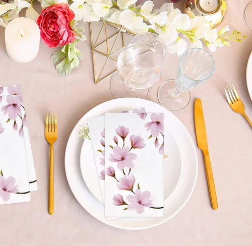 Miniatura 6 de Paquete de 100 servilletas de invitados Pink Magnolia, desechables, florales, para decoración de té de primavera, baño, boda, brunch