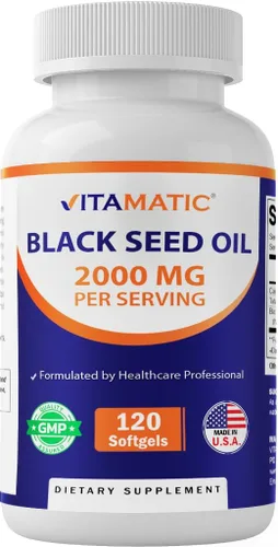 Vitamatic Aceite de semilla negra de 2000 mg por porción, aceite de Nigella sativa prensado en frío, cápsulas blandas de alta potencia para apoyo