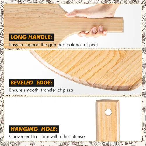 Miniatura 3 de Bokon Paquete de 2 palas de madera para pizza, 16 x 14 pulgadas, juego de paletas de pizza grandes con mango de madera de 8 pulgadas para horno
