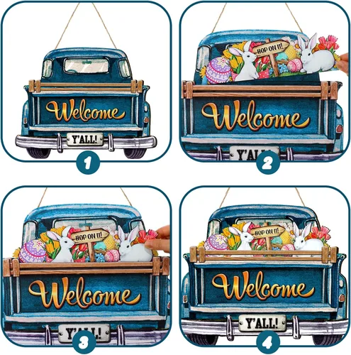 Miniatura 6 de Ferraycle - Letrero de bienvenida intercambiable para puerta delantera con 12 iconos de vacaciones, letreros de bienvenida de temporada, rústico