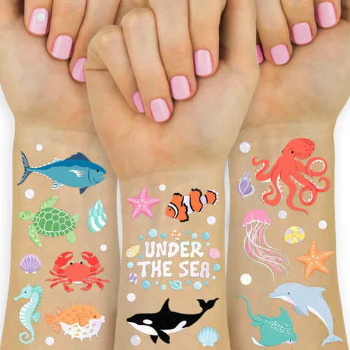 xo, Fetti Tatuajes temporales de criaturas marinas subacuáticas - 64 estilos | Suministros para fiestas de cumpleaños de animales del océano,