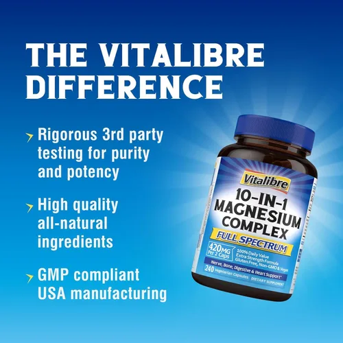 Miniatura 6 de Vitalibre Complejo de magnesio 10 en 1, 420 mg de magnesio elemental, ultra fuerza, máxima absorción, suplemento de magnesio quelado para nervios
