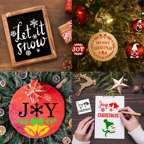 Miniatura 5 de 80 Piezas Plantillas de Navidad de 4 x 4 Pulgadas para Pintar sobre Madera, Plantillas Reutilizables de Feliz Navidad con Adornos y Copos de Nieve