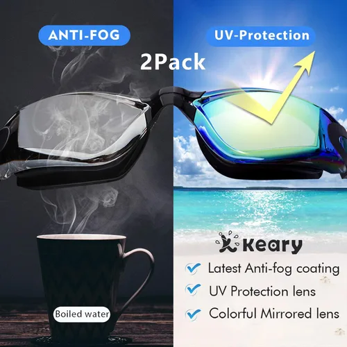 Miniatura 4 de Keary Paquete de 2 gafas de natación antivaho para adultos, jóvenes y niños mayores de 6 años, gafas de triatlón impermeables contra los rayos UV