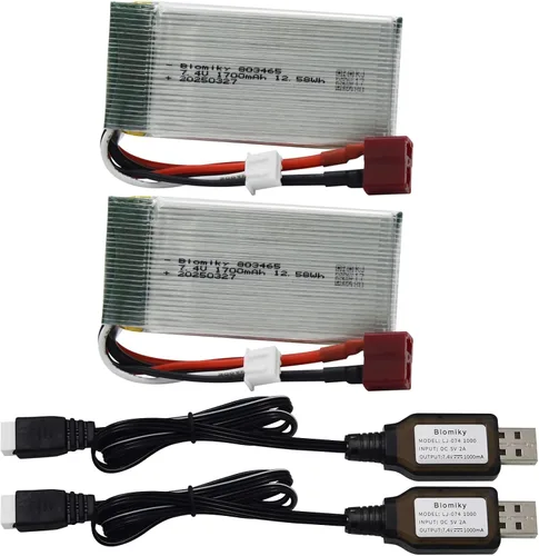 Blomiky Paquete de 2 baterías Lipo de 7.4V 1600mAh 12.58Wh 30C con enchufe T y cables USB para camiones RC a escala 1:10 200E 9200 9200E 9205E 9206E