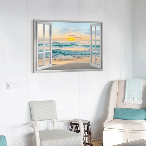 Miniatura 4 de Arte de pared con ventana abierta del océano: puesta de sol, escena de playa costera, pintada sobre lienzo, paisaje marino azul, veleros náuticos