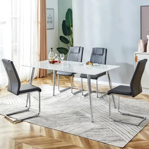 Miniatura 22 de Juego de mesa de comedor en blanco y negro de 51 pulgadas para 4, mesa de cristal minimalista moderna y 4 sillas tapizadas de piel sintética