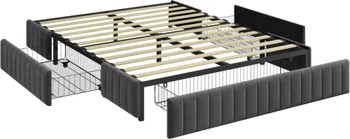 Miniatura 4 de Topeakmart Base de cama tapizada de tamaño matrimonial con 3 cajones, plataforma de almacenamiento con soporte de listones de madera, base