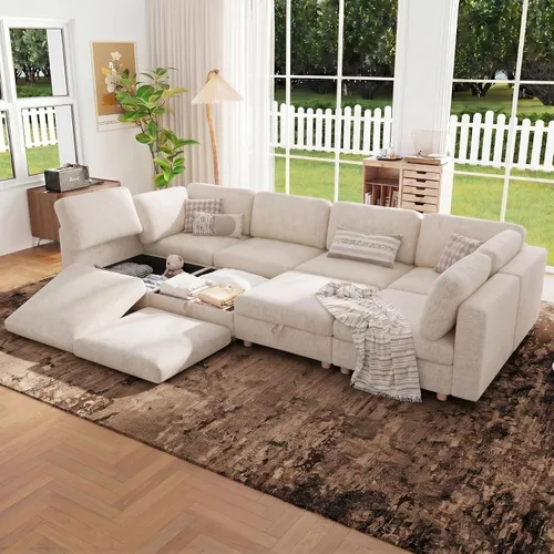 Miniatura 25 de 95.5" Sofá seccional modular de chenilla con almacenamiento oculto, sofá cama convertible en forma de L y U, sofá seccional moderno de 6 plazas
