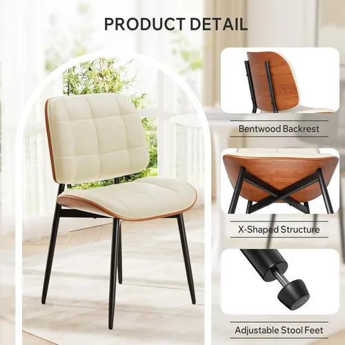 Miniatura 7 de Silla de comedor, moderna de mediados de siglo con cojín grueso, sillas de cocina tapizadas de piel sintética con respaldo de madera curvada de Beige