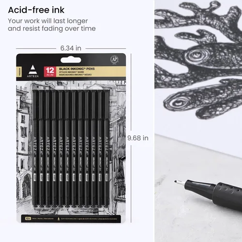 Miniatura 6 de ARTEZA - Plumones Black Inkonic Fineliners, juego de 12, marcadores de punta fina de 0.4 mm, plumones de arte a base de agua para dibujar, hacer