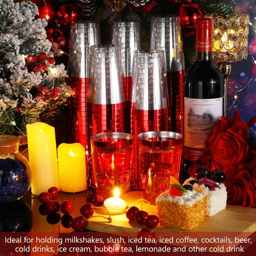 Miniatura 4 de Norme 50 vasos de plástico de 12 onzas desechables para fiesta con borde, vasos transparentes de plástico para vino, café, cumpleaños, boda, Rojo