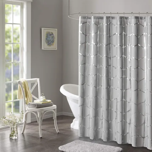 Intelligent Design - Cortina de ducha Raina, estampado geométrico, lavable a máquina, moderna, para el cuarto de baño, estilo metalizado Gris