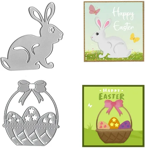 Huevos de Pascua, conejos, troqueles de corte de metal y decoraciones de álbum de fotos, feliz conejito de Pascua, cesta de primavera, plantillas de