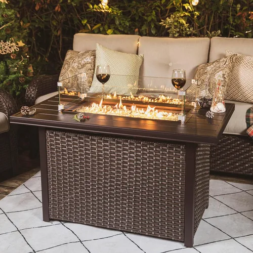 Miniatura 11 de Nuu Garden Mesa para fogata de propano para patio de 43 pulgadas, fogata de gas de 50,000 BTU con parte superior de vidrio texturizado de mármol