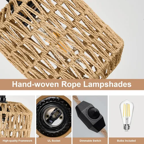 Miniatura 3 de Lámpara Colgante Enchufable con Bombilla LED de 6W Luz Cálida (3000K) Interruptor Regulable Linda Lámpara Colgante de Ratán Cable de 15 pies Tejida