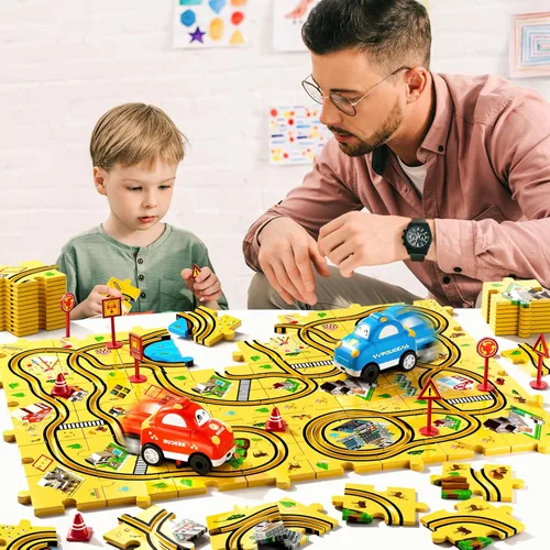 Miniatura 7 de Bennol Juego de Pistas de Autos de Carreras Rompecabezas de 56 Piezas Juguetes para Niños, Rompecabezas de Piso Pistas de Autos Regalos para Niños