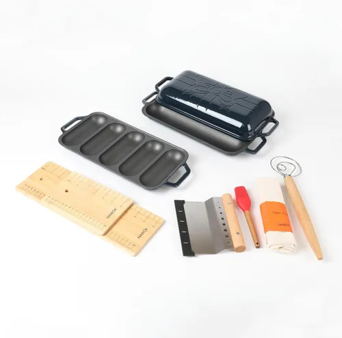 Miniatura 11 de HAWOK Pan de baguette de hierro fundido pre-sazonado, juego de hornear 3 en 1 con bandeja completa de baguette, mini bandeja de 5 ranuras y bandeja
