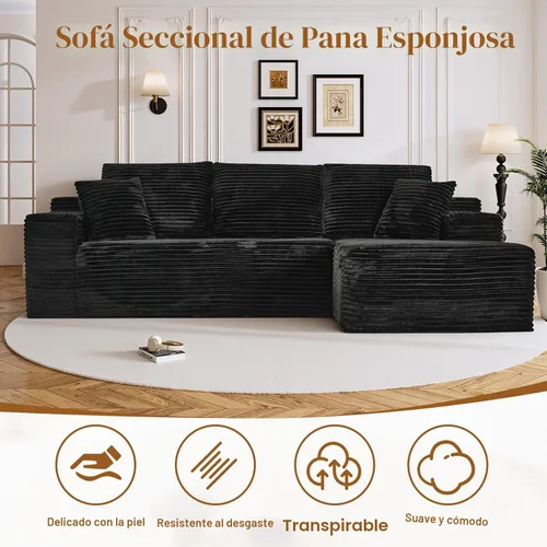 Miniatura 6 de Sofá seccional sin costuras de 108" en forma de L para sala de estar, cómodo sofá de corduroy con chaise, amplios reposabrazos, asiento profundo